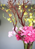 detail of centerpiece with hot pink hydrangea, yellow oncidium orchids and manzanita branches.
