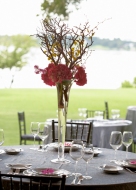 centerpiece with hot pink hydrangea, yellow oncidium orchids and manzanita branches.